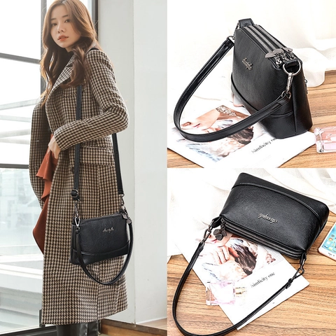 Women Crossbody Bag PU Leather Multi Layer Zipper Multi Compartment Simple Casual Messenger Shoulder Bag