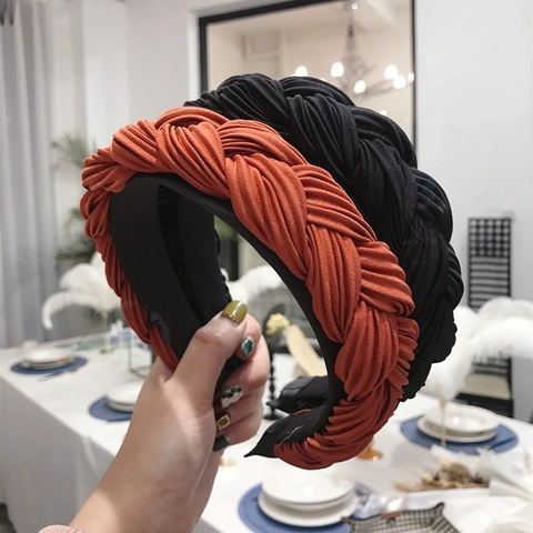 Women Wide Braided Headband Pleated Fabric Twist Knot Hair Hoop Fashion Solid Color Handmade Headwear
