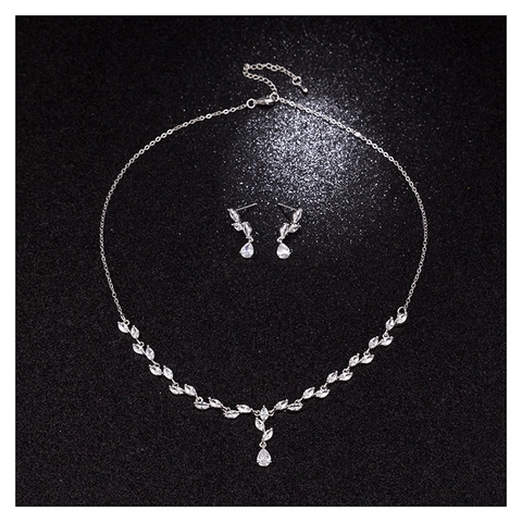 Leaf Shape Copper Zircon Necklace And Earrings For Women Bridal Wedding Banquet Elegant Silver Color Jewelry