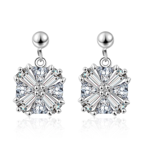 Geometric Square Cubic Zirconia Stud Earrings Copper Radiating Sparkling Snowflake Design Fashion Jewelry For Women