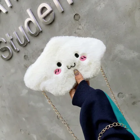 Carina Borsa A Tracolla In Peluche A Forma Di Nuvola Donna Catena In Metallo Dorato Viso Sorridente Ricamato