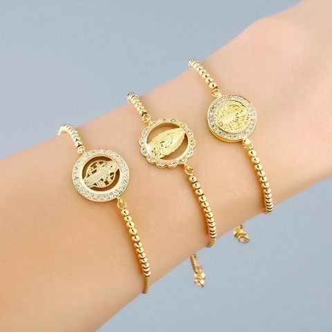 Religious Medal Bolo Bracelet Copper Gold Plated Cubic Zirconia Virgin Mary Adjustable Sliding Clasp Fashion Jewelry Women
