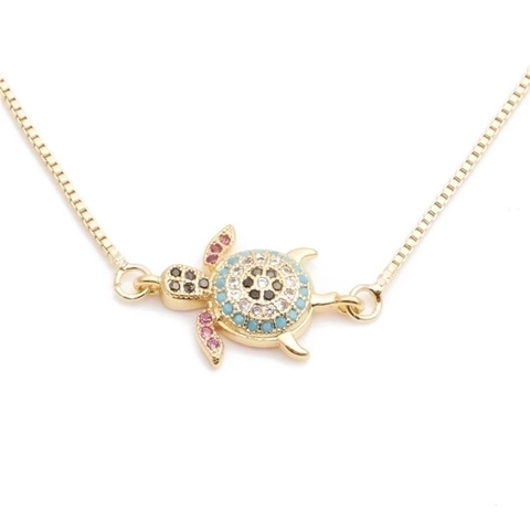 Collana Con Ciondolo A Tartaruga Rame Placcato Oro Zircone Colorato Micro Pave Gioielli Animali Per Donne Catena Box