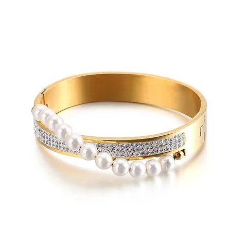 Brazalete De Bisagra De Acero Inoxidable Con Perla Artificial De Concha Y Strass Diseño Cruzado Joyería Elegante Para Mujer