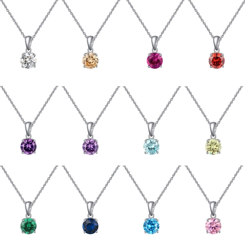 Round Cut Colorful Cubic Zirconia Pendant Necklace With 925 Sterling Silver Chain Birthstone Jewelry Gift For Women