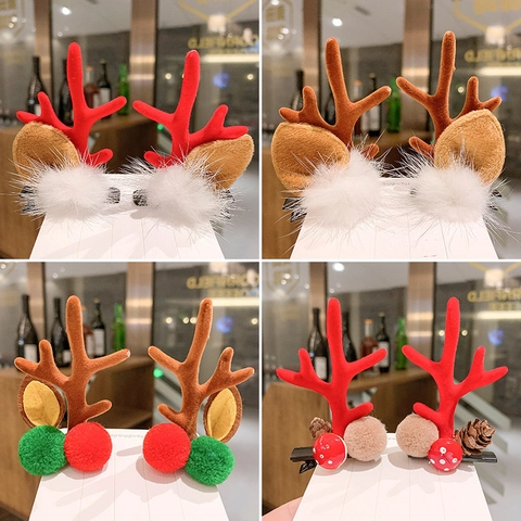 Mollette Per Capelli Con Corna Di Renna Di Natale Corna In Tessuto Floccato Con Funghi Pompon Per Festa Di Vacanza Accessorio
