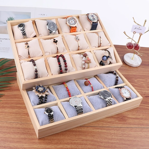 Watch Jewelry Display Tray Wood Frame Velvet PU Leather Slots Organizer For Watches Bracelets Countertop Storage Showcase