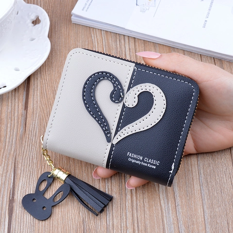 Women Short Wallet PU Leather Zip Around Coin Purse With Tassel Bunny Pendant Heart Pattern Color Block Card Holder