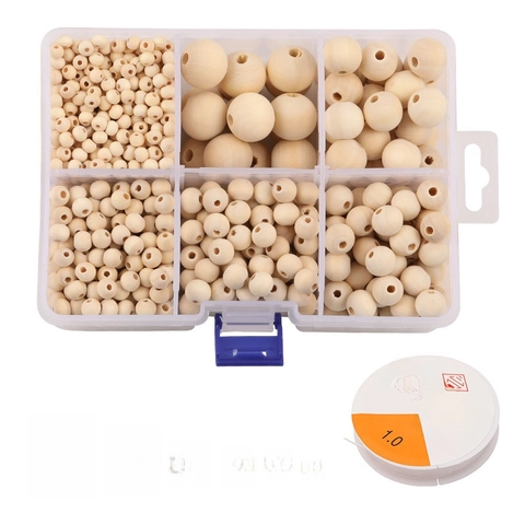 Cuentas De Madera Natural Pulidas Redondas Tamaños Mixtos Con Caja De Almacenamiento Y Cordón Elástico Para Hacer Joyas DIY