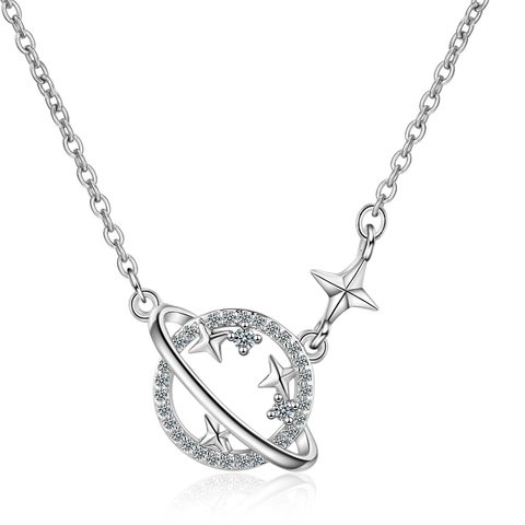 Collier Pendentif Planète en Cuivre Minimaliste Strass Brillant Saturne Étoile Chaîne de Clavicule Bijoux pour Femmes Cadeau