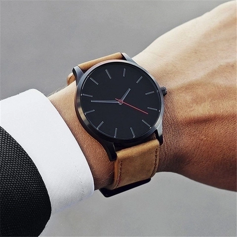 Men Quartz Watch Minimalist Large Dial Red Pointer Casual Sport PU Leather Strap Alloy Case
