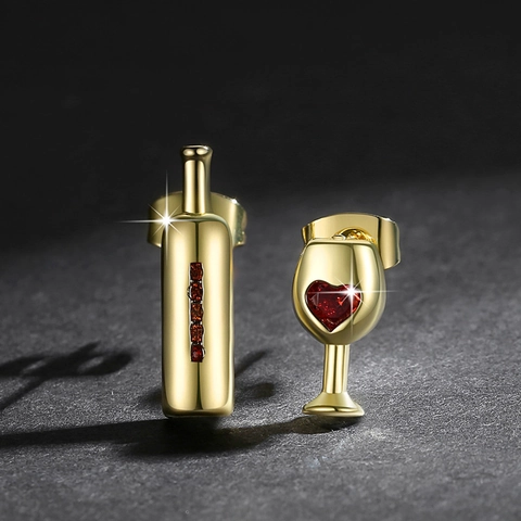 Asymmetric Wine Bottle Wine Glass Heart Stud Earrings Cubic Zirconia Copper Jewelry For Women With Copper Earring Post