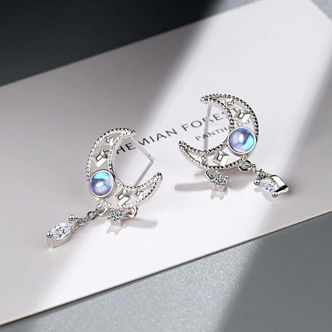 Orecchini A Nappa Luna Cava In Rame Placcato Platino Con Perno Argento Pietra Di Luna Sintetica Zirconi Gioielli Donna