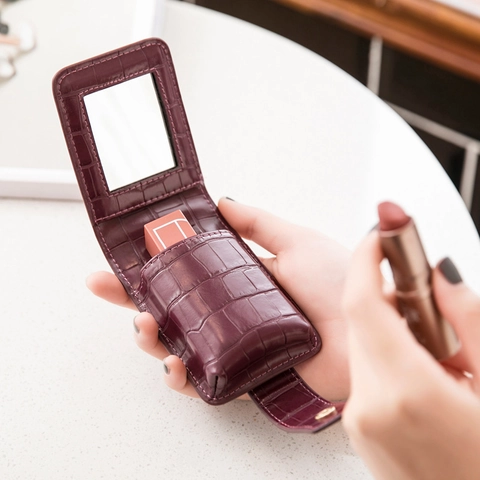 Lippenstift Etui Mit Spiegel Krokodilmuster PU Leder Mini Kosmetiktasche Tragbarer Reise Makeup Organizer Für Damen