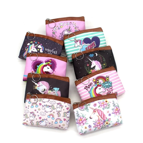 Cartoon Unicorn Coin Purse PU Leather Zipper Mini Wallet With Key Ring Portable Small Pouch For Kids Girls