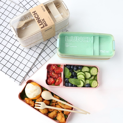 Wheat Straw Fiber Bento Lunch Box Multi Layer Portable Food Storage Container With Cutlery For School Office