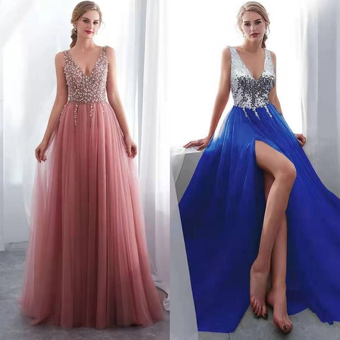 Elegant Deep V-Neck Sleeveless Sequin Slit Evening Dress Sexy Polyester Mesh Maxi Gown For Women Banquet Party Wedding