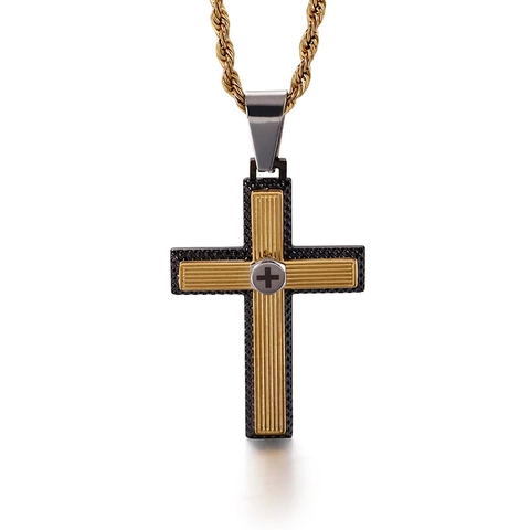 Tweekleurige Kruis Hanger Voor Heren 316L Roestvrij Staal Gestreepte Religieuze Industriële Stijl Sieraden Ketting