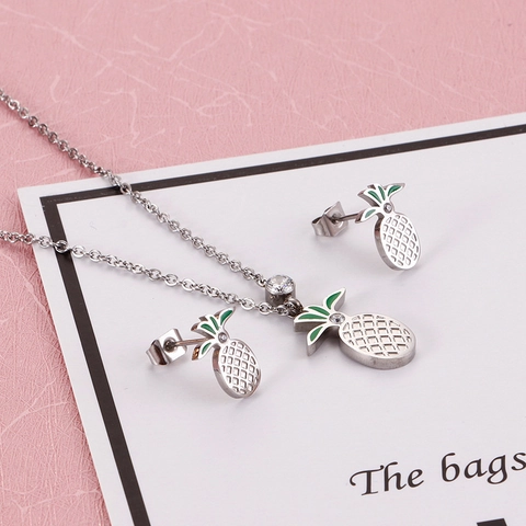 Cute Pineapple Jewelry Set Stainless Steel Necklace And Stud Earrings With Green Enamel And Clear Zircon For Women