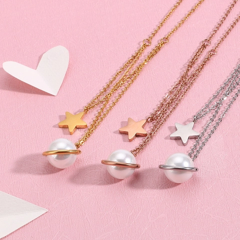 Collar De Doble Capa De Acero Inoxidable Con Colgante De Estrella Y Planeta De Perla Artificial Concha Joyería Elegante Para Mujer