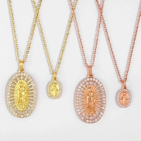 Virgin Mary Pendant Necklace 18K Gold Plated Copper Micro Pave Cubic Zirconia Religious Jewelry Elegant For Women