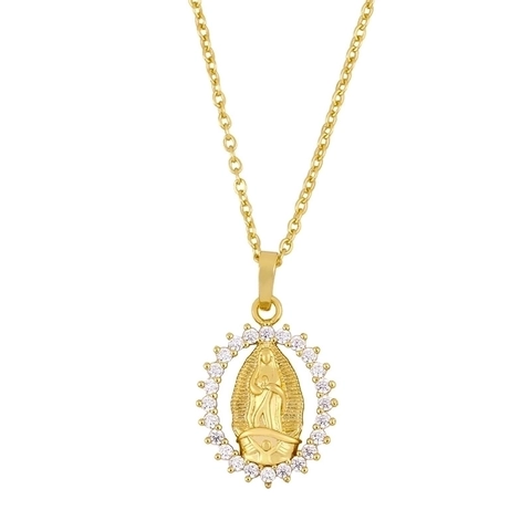 Collier Pendentif Vierge Marie Notre Dame De Guadalupe Avec Zircone Cuivre Plaqué Or 18K Bijoux Religieux Mode