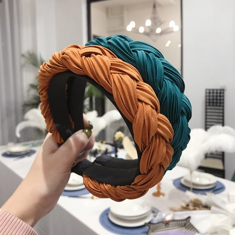 Women Wide Braided Headband Pleated Fabric Twist Knot Hair Hoop Fashion Solid Color Handmade Headwear