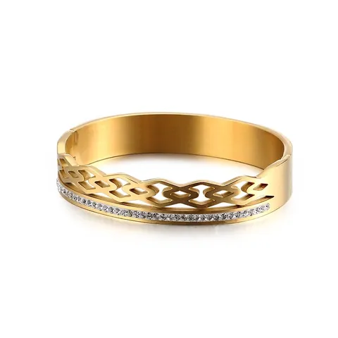Bracciale Rigido Geometrico Traforato In Acciaio Inossidabile Con Strass Elegante Gioielli Donna Placcato Oro 18K