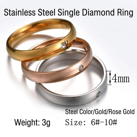 Stainless Steel Zircon Ring Simple Polished Single Stone Engagement Promise Band Jewelry For Men Women