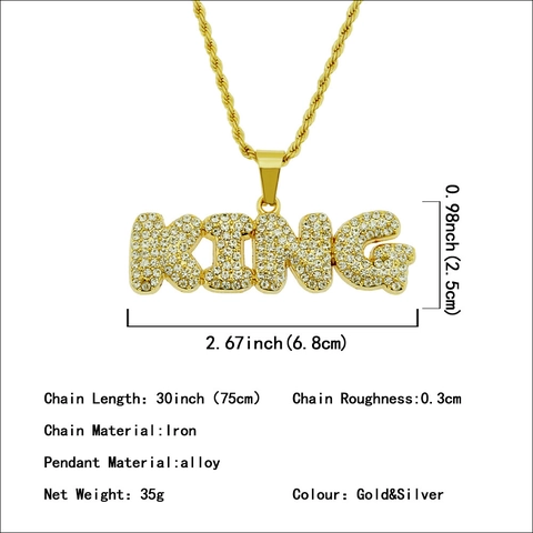 Collar Con Colgante De Letra King Hip Hop Aleación Diamantes De Imitación Con Cadena De Cuerda De Hierro Moda Urbana Para Hombre