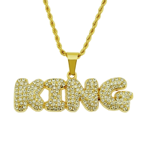 Hip Hop King Letter Pendant Necklace Alloy Iced Out Rhinestone With Iron Rope Chain Streetwear Fashion For Men