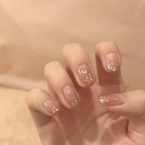 Unghie Finte Press On Sfumate Rosa Nude Gelatina Scaglie Foglia Oro Punte Unghie Artificiali Donna Quotidiano Minimal