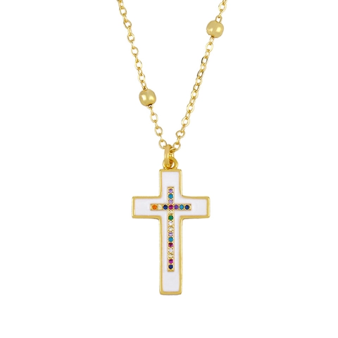 Vintage Kreuz Kette Anhänger 18K Vergoldetes Kupfer Bunter Zirkon Emailliert Religiöser Schmuck Mit Perlenkette