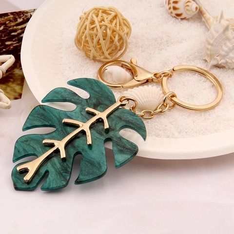 Monstera Leaf Keychain Gold Metal Zinc Alloy Resin Marble Texture Tropical Plant Bag Charm Fashion Pendant