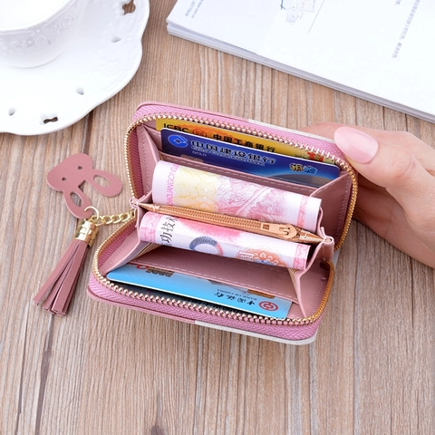 Women Short Wallet PU Leather Zip Around Coin Purse With Tassel Bunny Pendant Heart Pattern Color Block Card Holder