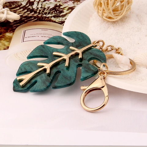 Monstera Leaf Keychain Gold Metal Zinc Alloy Resin Marble Texture Tropical Plant Bag Charm Fashion Pendant