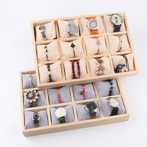 Watch Jewelry Display Tray Wood Frame Velvet PU Leather Slots Organizer For Watches Bracelets Countertop Storage Showcase
