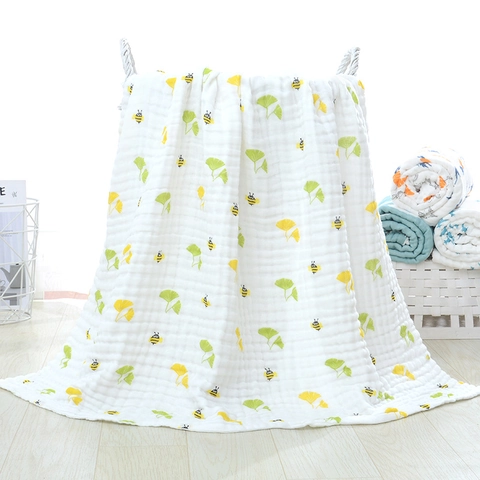 Baby Bath Towel Multi Layer Cotton Gauze Muslin Swaddle Blanket Soft Breathable Cartoon Print For Newborn Toddler