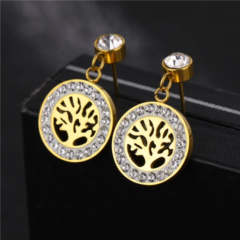 Boucles D Oreilles Pendantes Arbre De Vie Rondes Creuses Acier Inoxydable Strass Étincelants Bijoux Élégants Pour Femmes