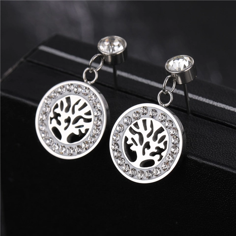 Boucles D Oreilles Pendantes Arbre De Vie Rondes Creuses Acier Inoxydable Strass Étincelants Bijoux Élégants Pour Femmes