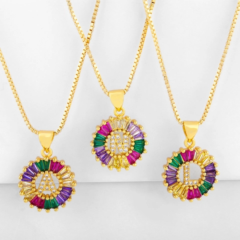 18K Vergoldet Bunte Zirkonia 26 Alphabet Buchstaben Runder Anhänger Halskette Mit Venezianerkette Für Damen Schmuck Geschenk