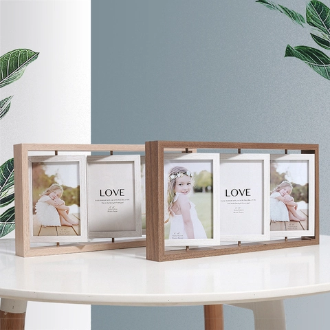 Rotating Wooden Photo Frame Double Sided Nordic Style Creative Desktop Picture Holder For Home Decor MDF