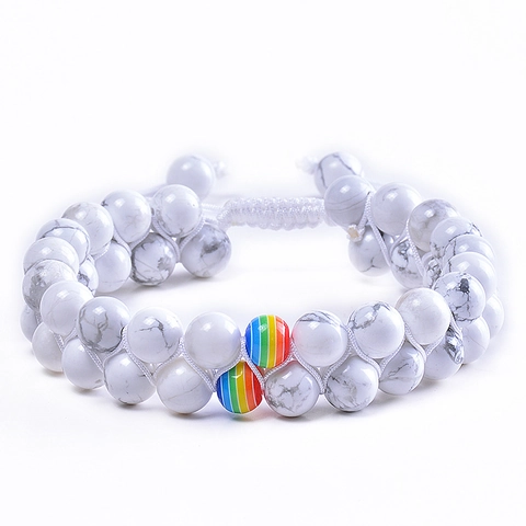 Natural Stone Handmade Woven Double Row Beaded Bracelet Rainbow Accent Adjustable Rope Jewelry For Men Women