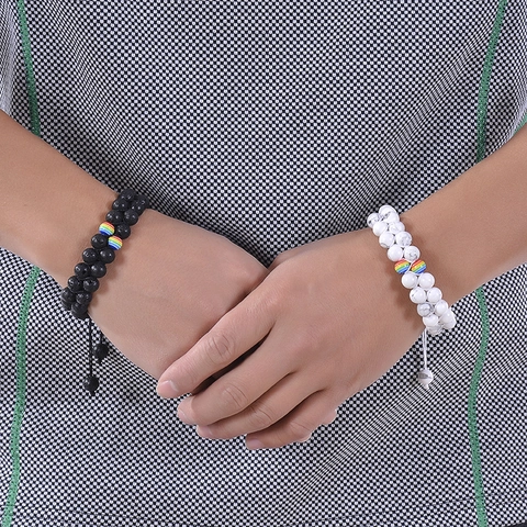 Natural Stone Handmade Woven Double Row Beaded Bracelet Rainbow Accent Adjustable Rope Jewelry For Men Women