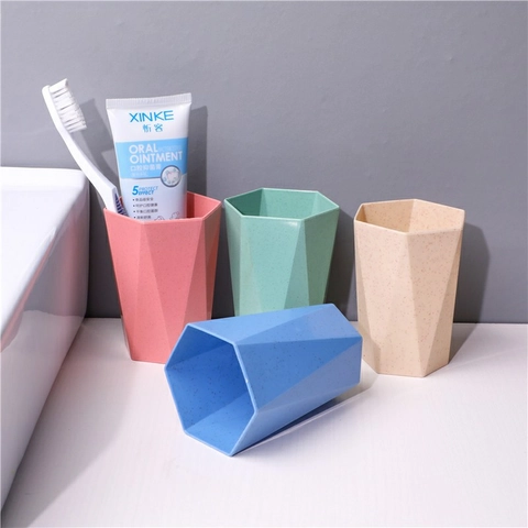 Bicchiere Per Spazzolino Da Denti Tazza Per Collutorio Plastica Paglia Di Grano Geometrico Esagonale Sfaccettato Lavaggio Bagno Antiscivolo Opaco