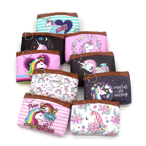 Cartoon Unicorn Coin Purse PU Leather Zipper Mini Wallet With Key Ring Portable Small Pouch For Kids Girls