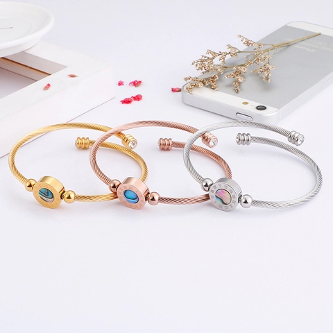 Bracciale Rigido Acciaio Inossidabile Oro 18K Intarsio Conchiglia Numeri Romani Aperto Gioielli Per Donne