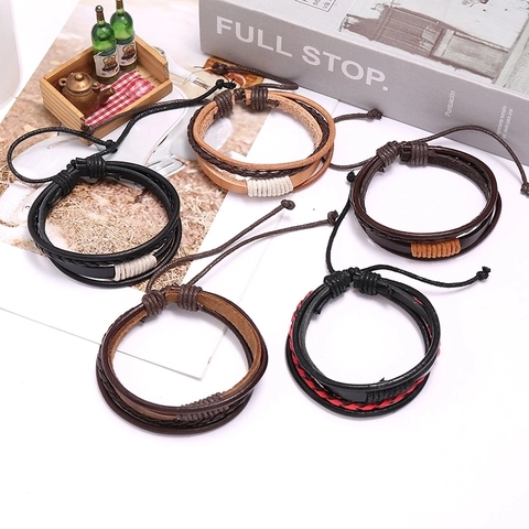 Retro Mehrlagiges Lederarmband Für Herren Damen Handgewebt Punk Bohemien Stil Mit Verstellbarer Kordel PU Und Baumwollseil