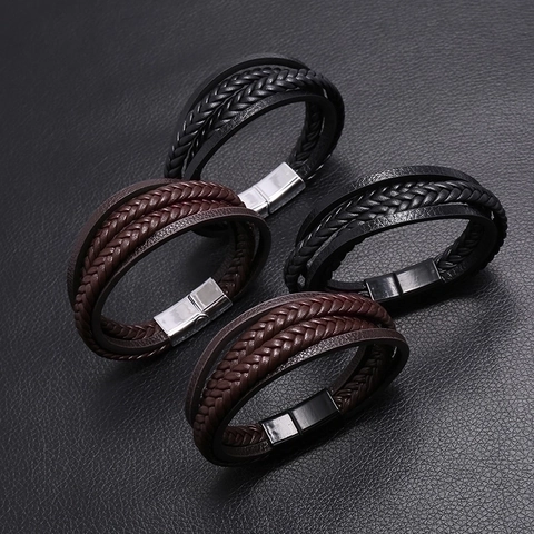 Pulsera De Cuero PU Trenzado Multicapa Para Hombre Con Cierre Magnético De Aleación Joyería Retro Simple