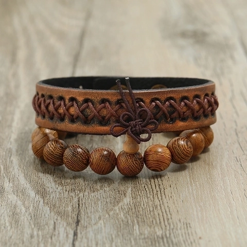 Herren Vintage Leder Geflochtenes Armband Mit Holzperle Mehrlagig Distressed Ethno-Stil Verstellbare Manschette Mode Schmuck